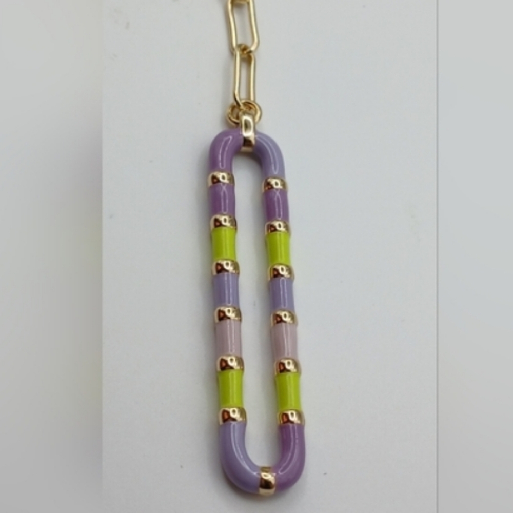 Spring Summer Lime & Lavender Large Oval Pendant PaperClip Y Chain Necklace NWT